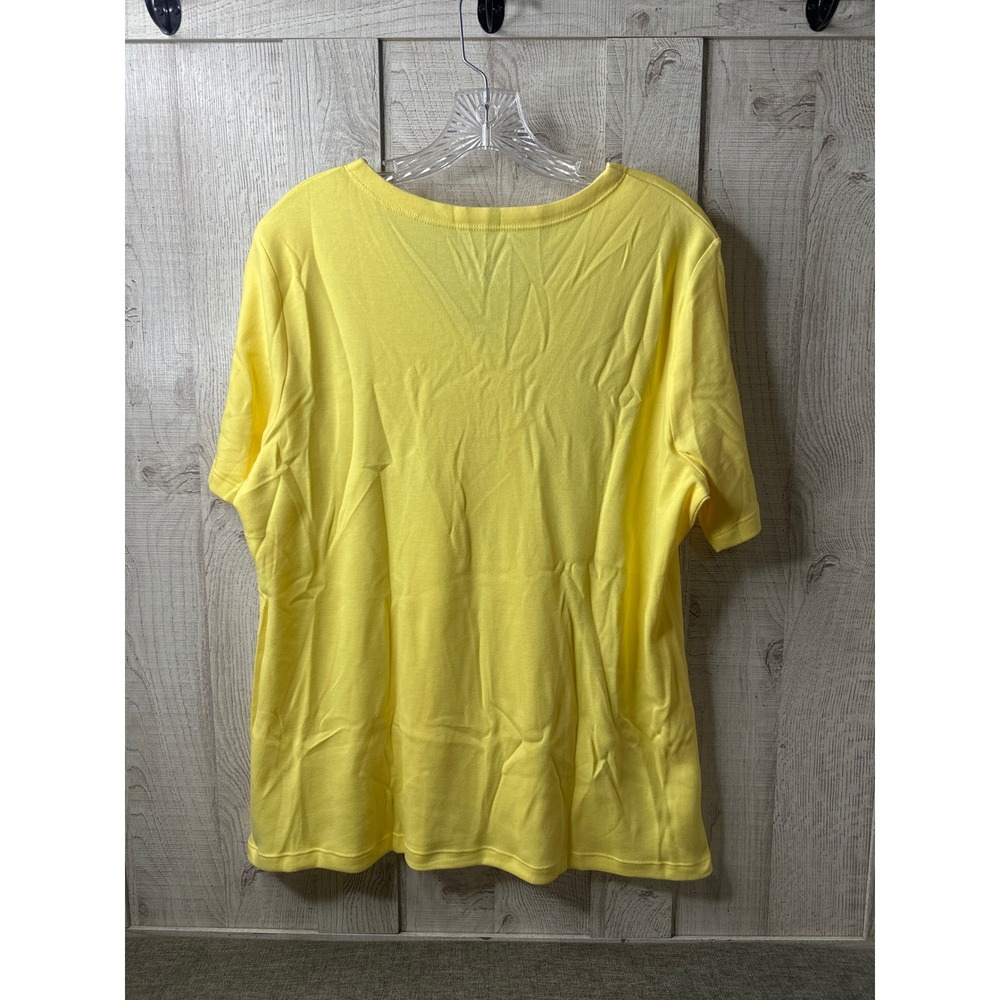 Drapers & Damons Womens Large Yellow Faux Wrap V-Neck Top Short Sleeve Button - Picture 2 of 7
